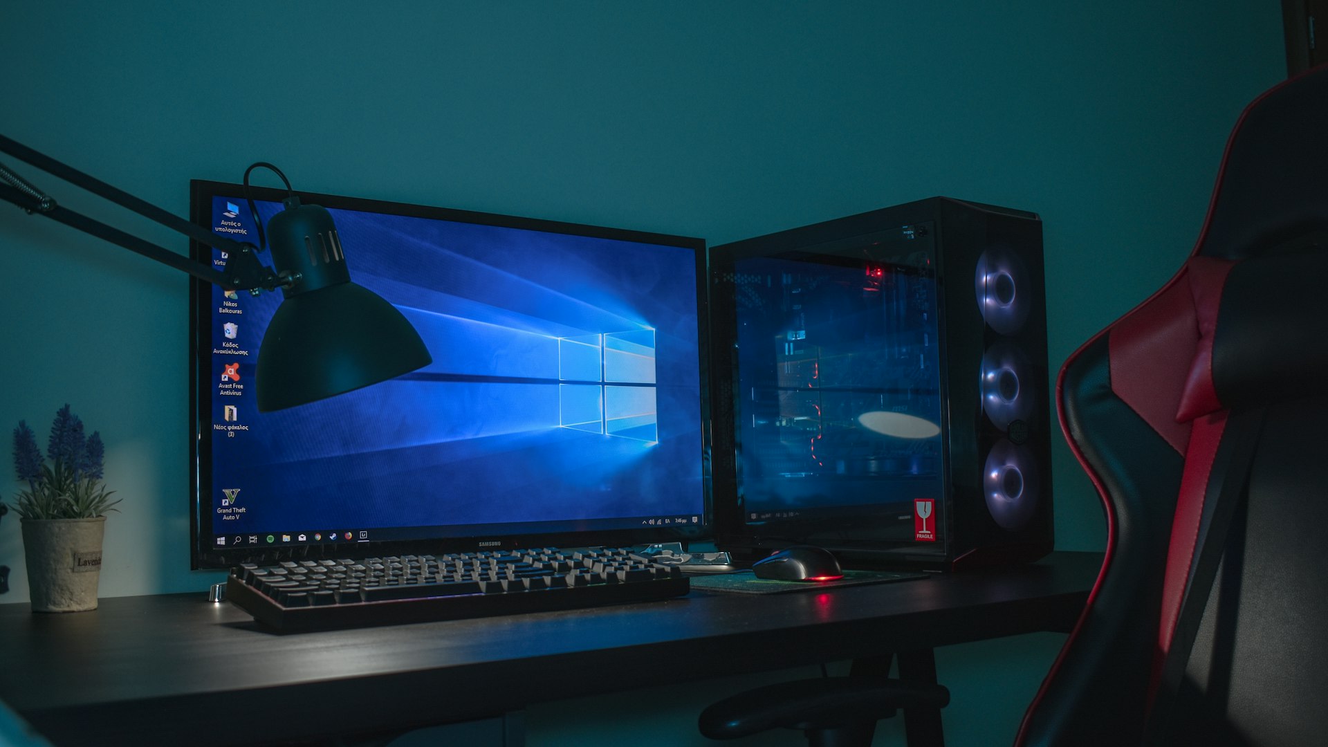 Gamer mid-raid at a glowing setup
